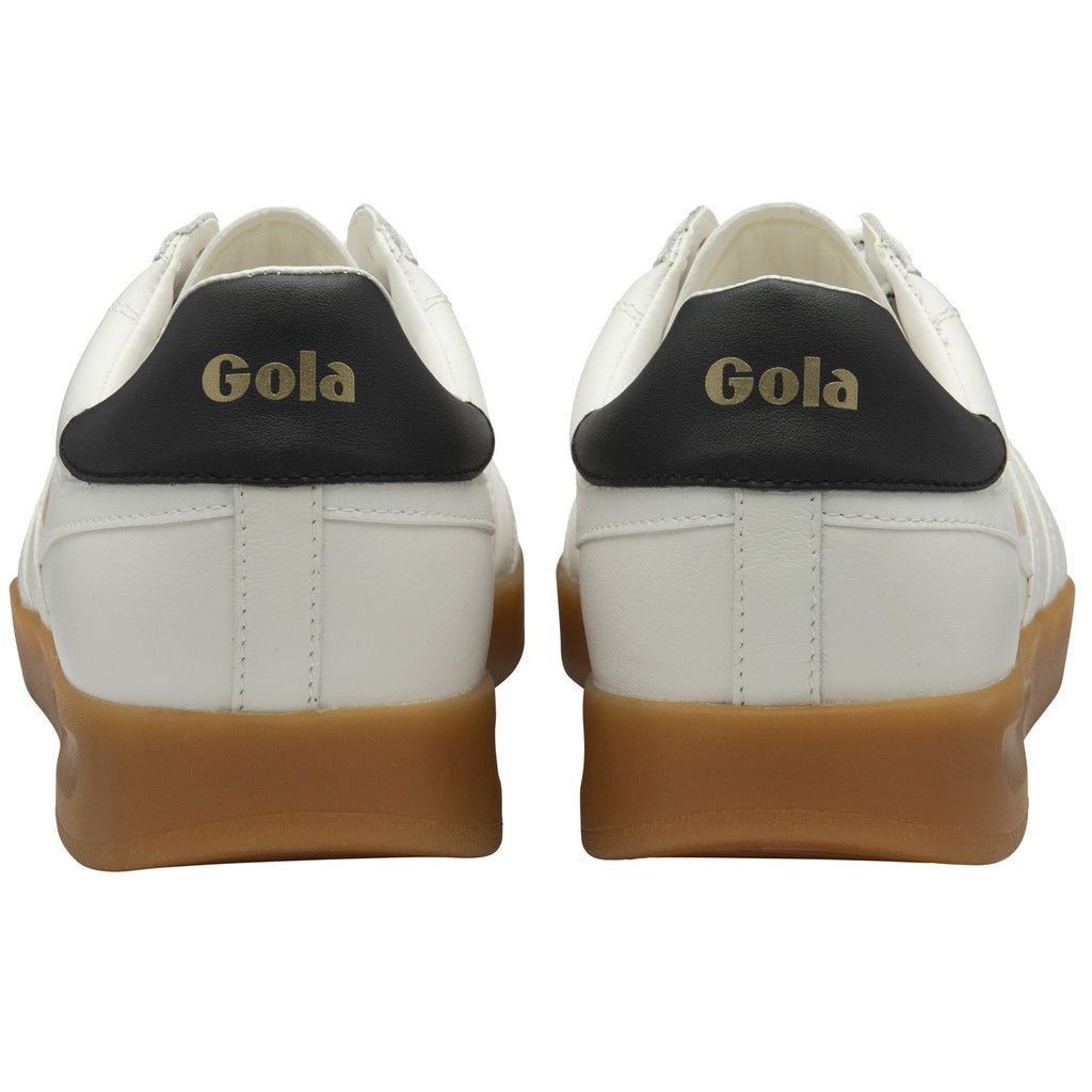 Rear view of a pair of white Gola sneakers with black heels and gum soles.