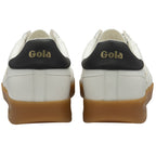 Rear view of a pair of white Gola sneakers with black heels and gum soles.