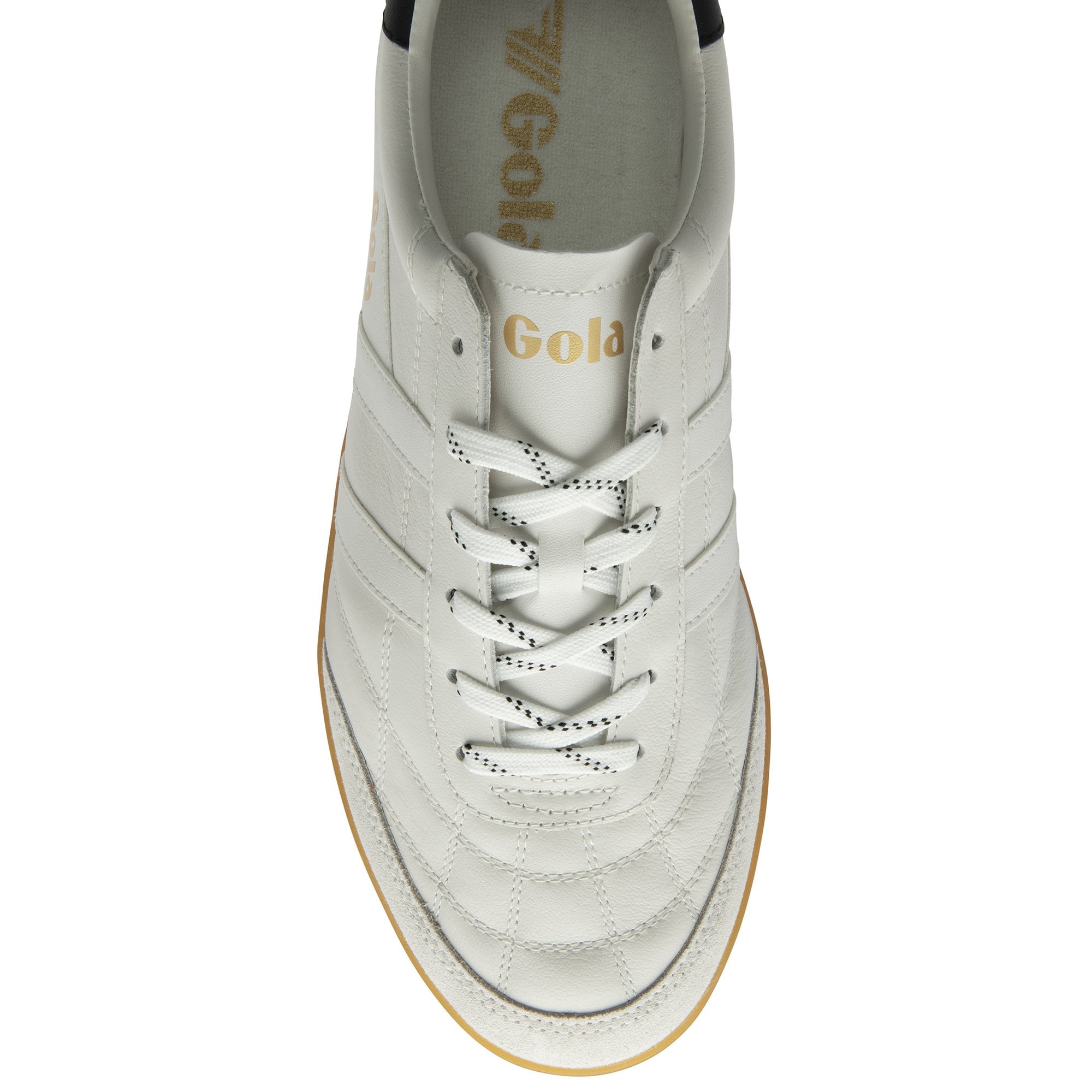 Top-down view of a white Gola sneaker with black heel accent and gum sole.