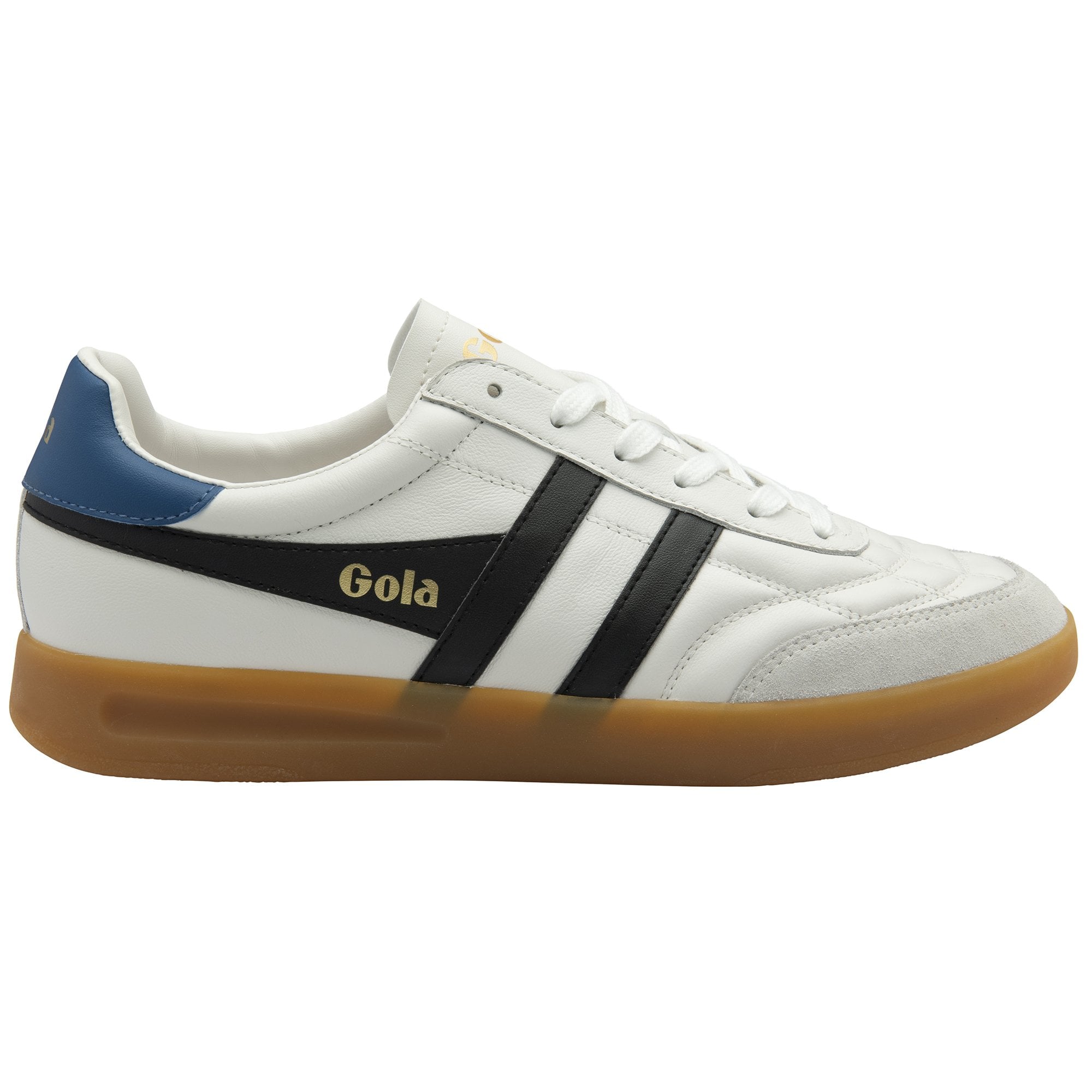 A white and black Gola sneaker with a gum sole and blue heel accent.