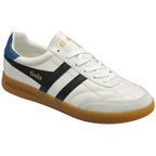 A white Gola sneaker with black stripes and a blue heel, angled slightly right.