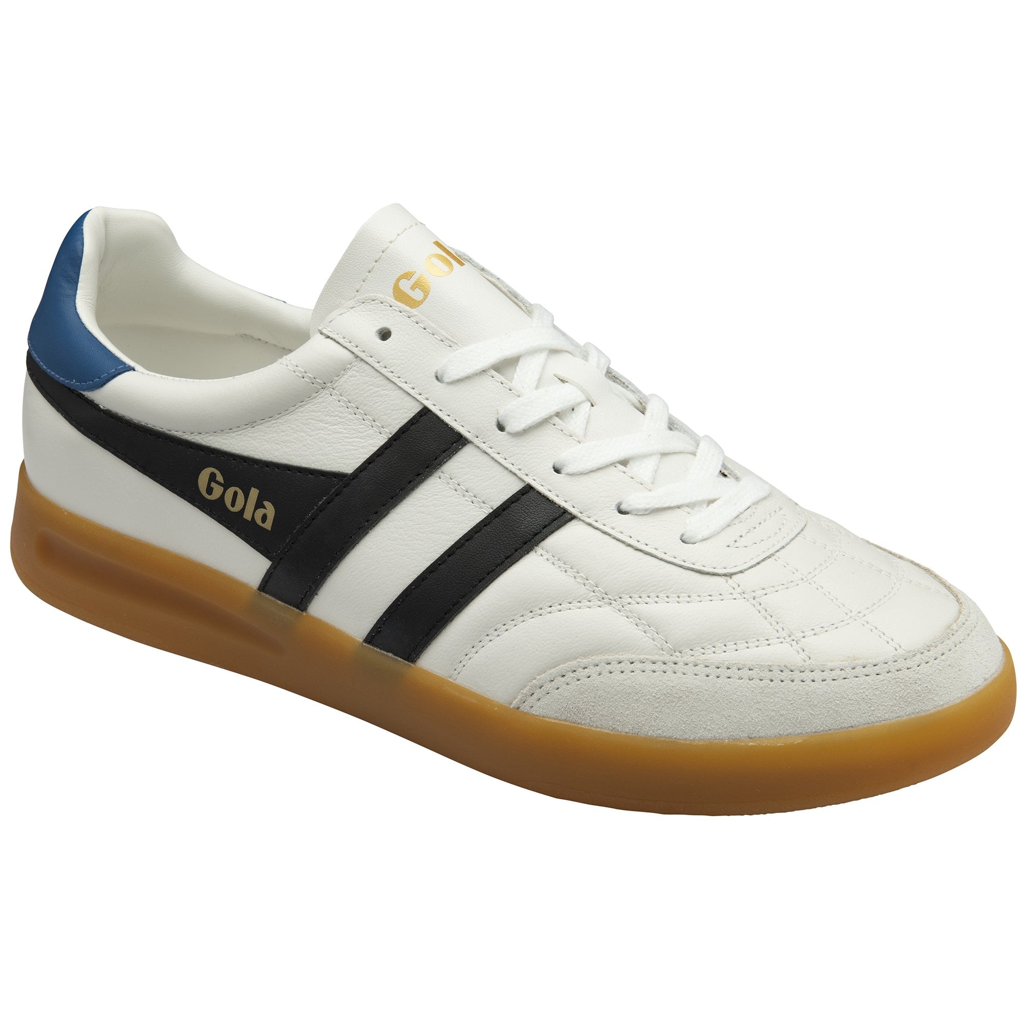 A white Gola sneaker with black stripes and a blue heel, angled slightly right.