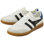 A pair of Gola sneakers in white, black, and blue with gum soles.