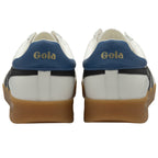 The back view of two Gola sneakers, showing blue heels with gold branding.
