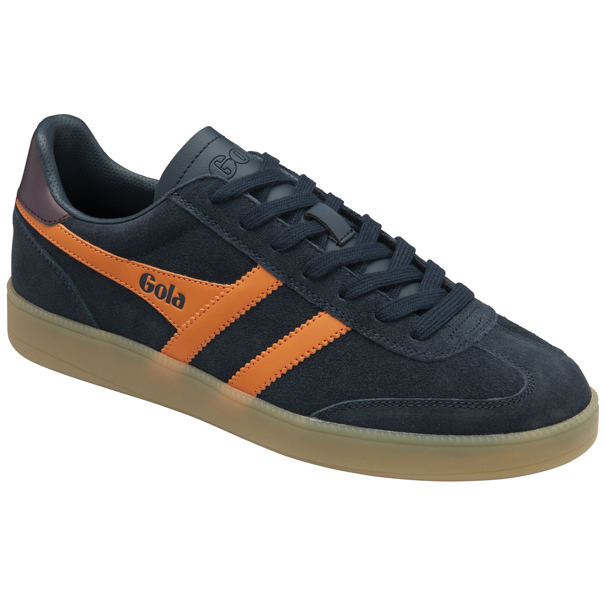 A single Gola trainer, front side view, dark blue with orange stripes and brown sole.