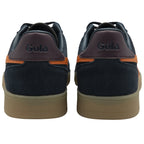 Pair of Gola sneakers, navy blue with orange accents and gum soles, rear view