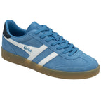 A slightly angled view of a blue Gola men's sneaker with white stripes and a gum sole.