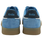 A rear view of two blue Gola men's sneakers, highlighting the dark blue heel tab.