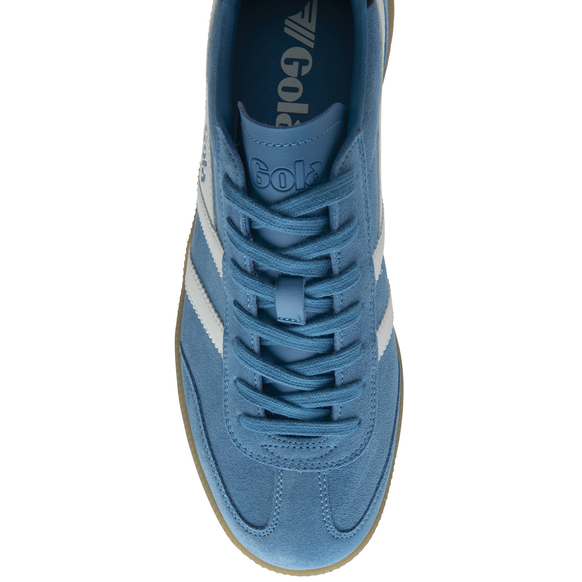 An overhead view of a blue Gola men's sneaker, showing the laces and brand logo.