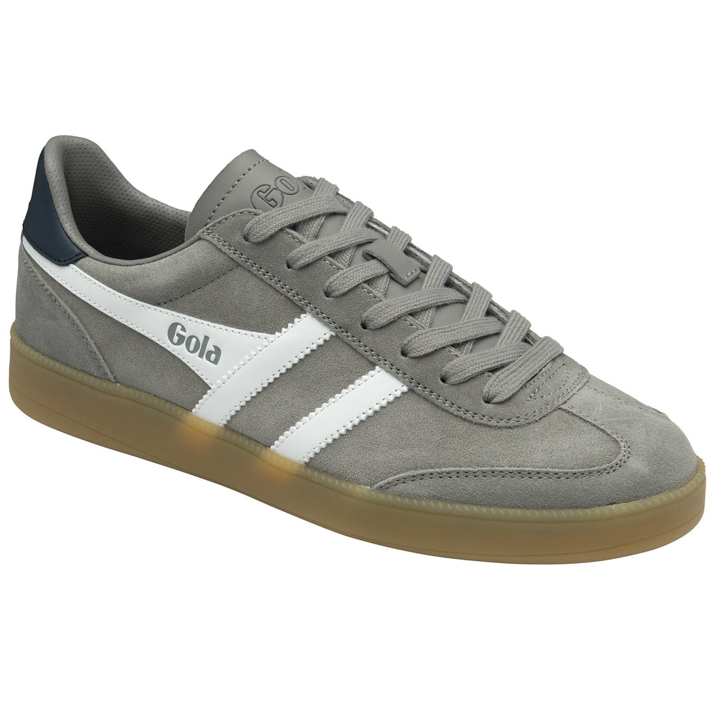 Grey Gola sneakers with white stripes and a brown sole, side angle view.