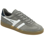 Grey Gola sneakers with white stripes and a brown sole, side angle view.
