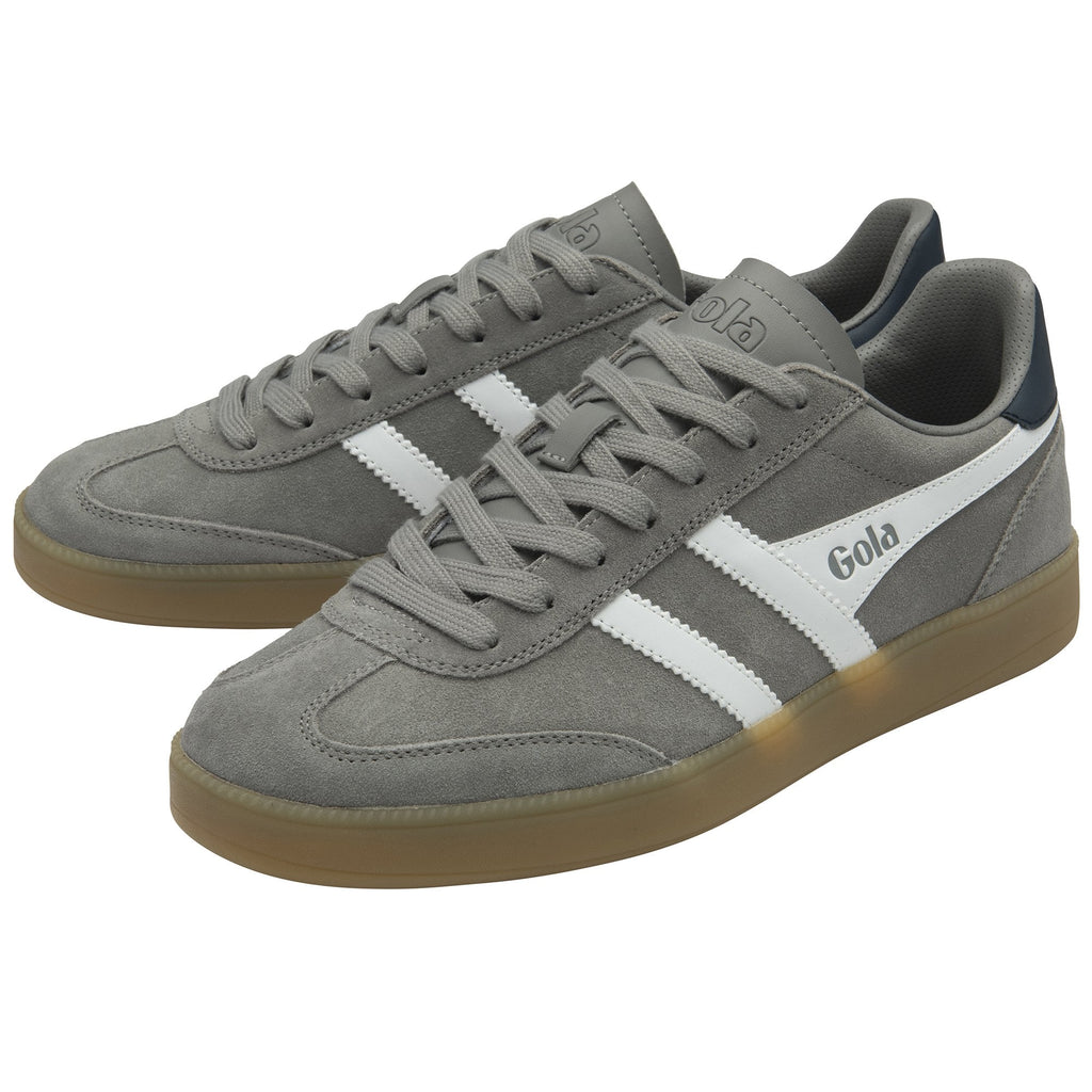 Pair of grey Gola sneakers with white stripes and brown soles.