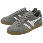 Pair of grey Gola sneakers with white stripes and brown soles.