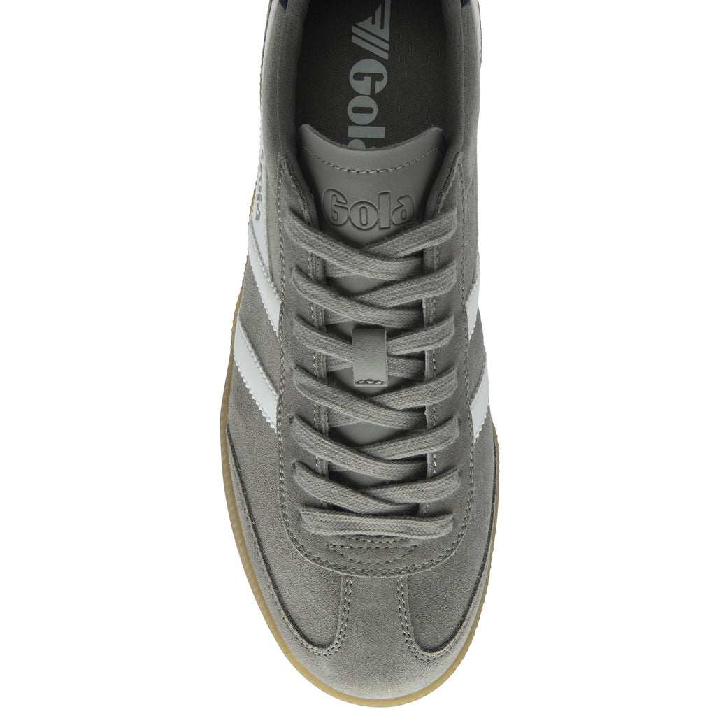 Top-down view of a grey Gola sneaker with white stripes and grey laces.