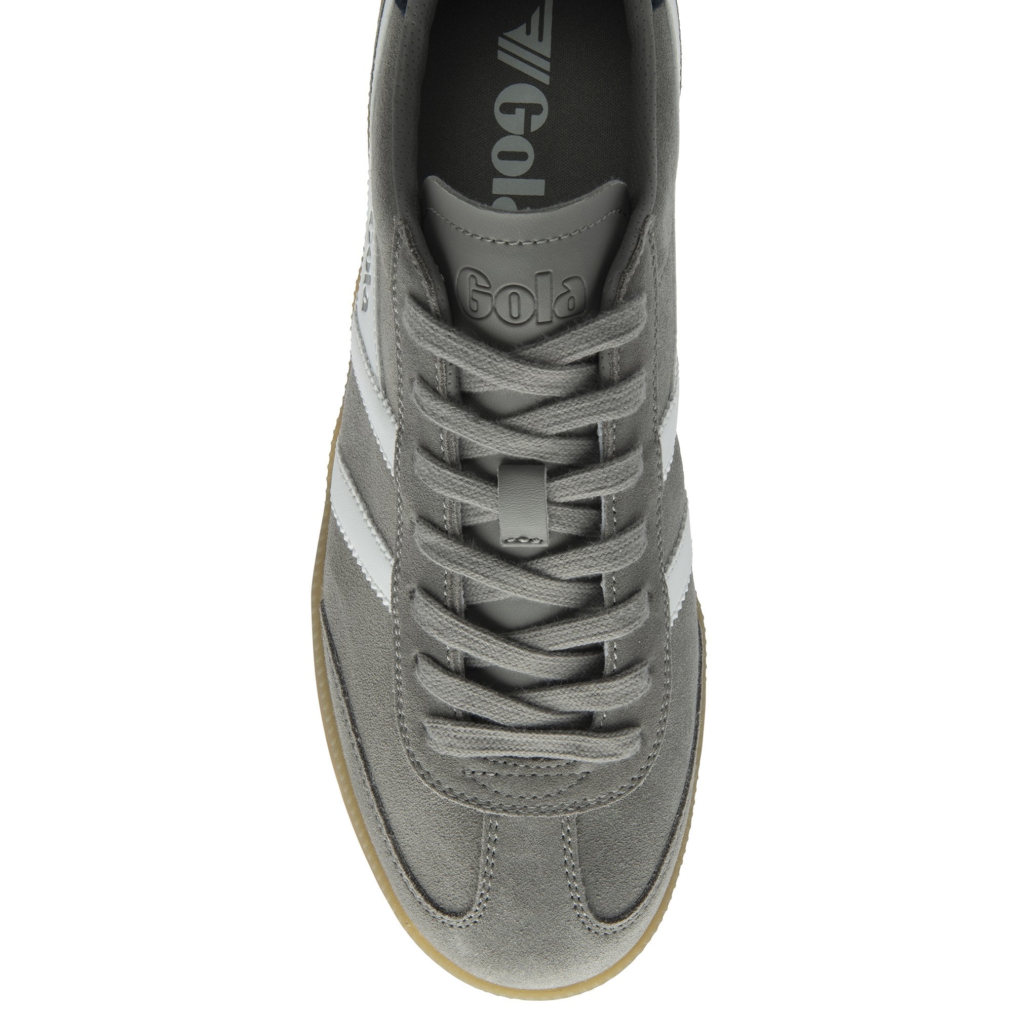 Top-down view of a grey Gola sneaker with white stripes and grey laces.