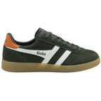Gola Harrier suede trainers in dark green with white stripes and an orange heel tab