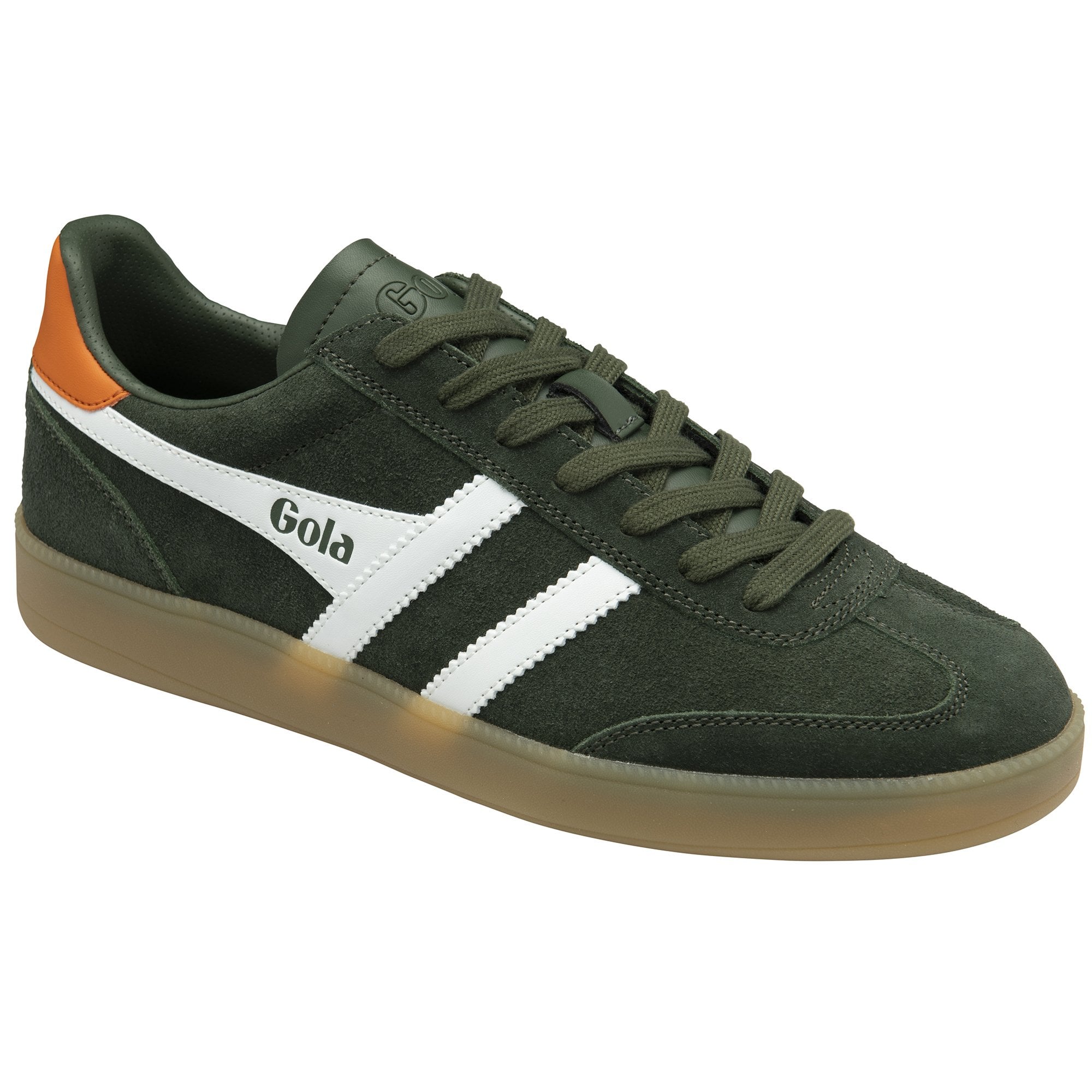 A single green Gola men's sneaker with white stripes and an orange heel accent.