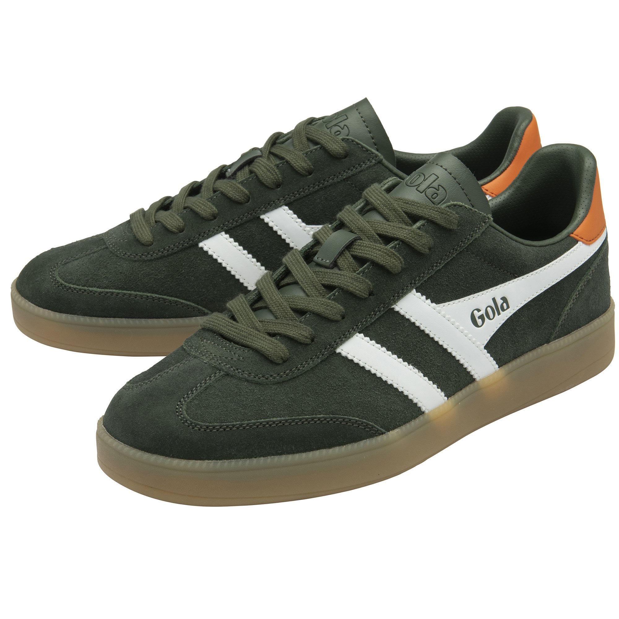 A pair of green Gola men's sneakers with white stripes, angled together.