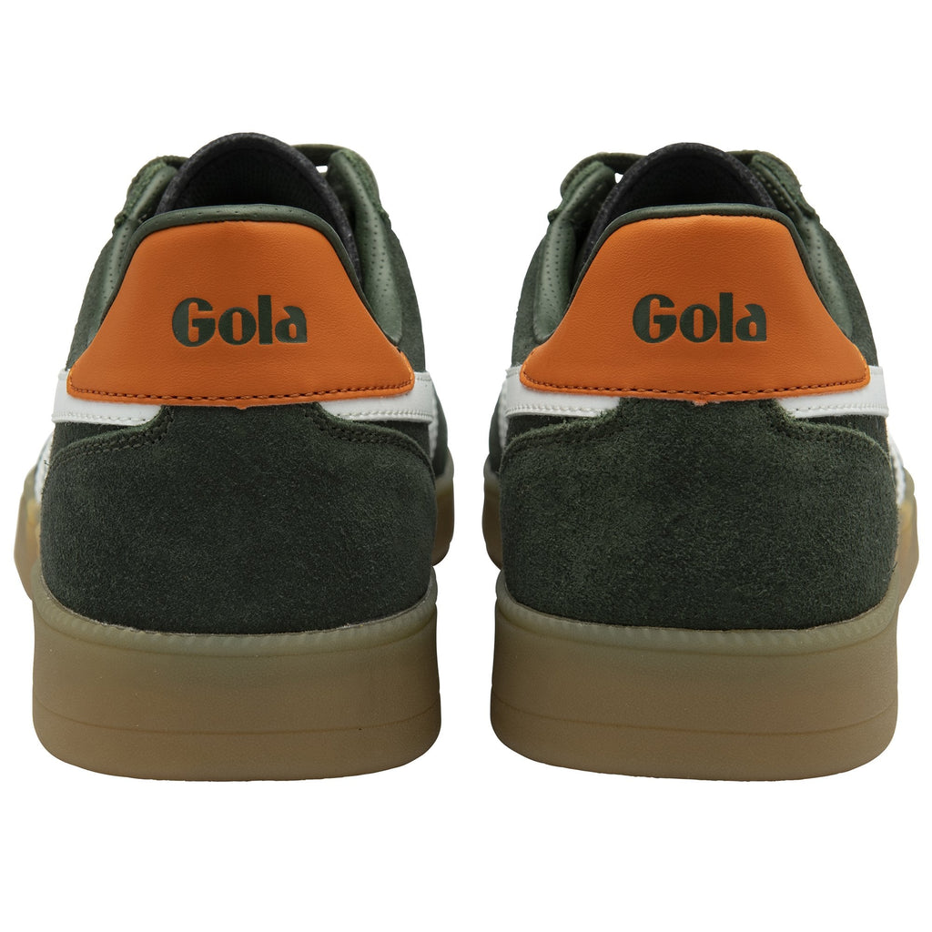 The back view of a pair of green Gola men's sneakers with orange heel accents.