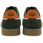 The back view of a pair of green Gola men's sneakers with orange heel accents.
