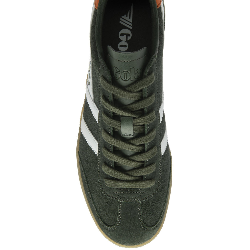 The top-down view of a single green Gola men's sneaker with white stripes.