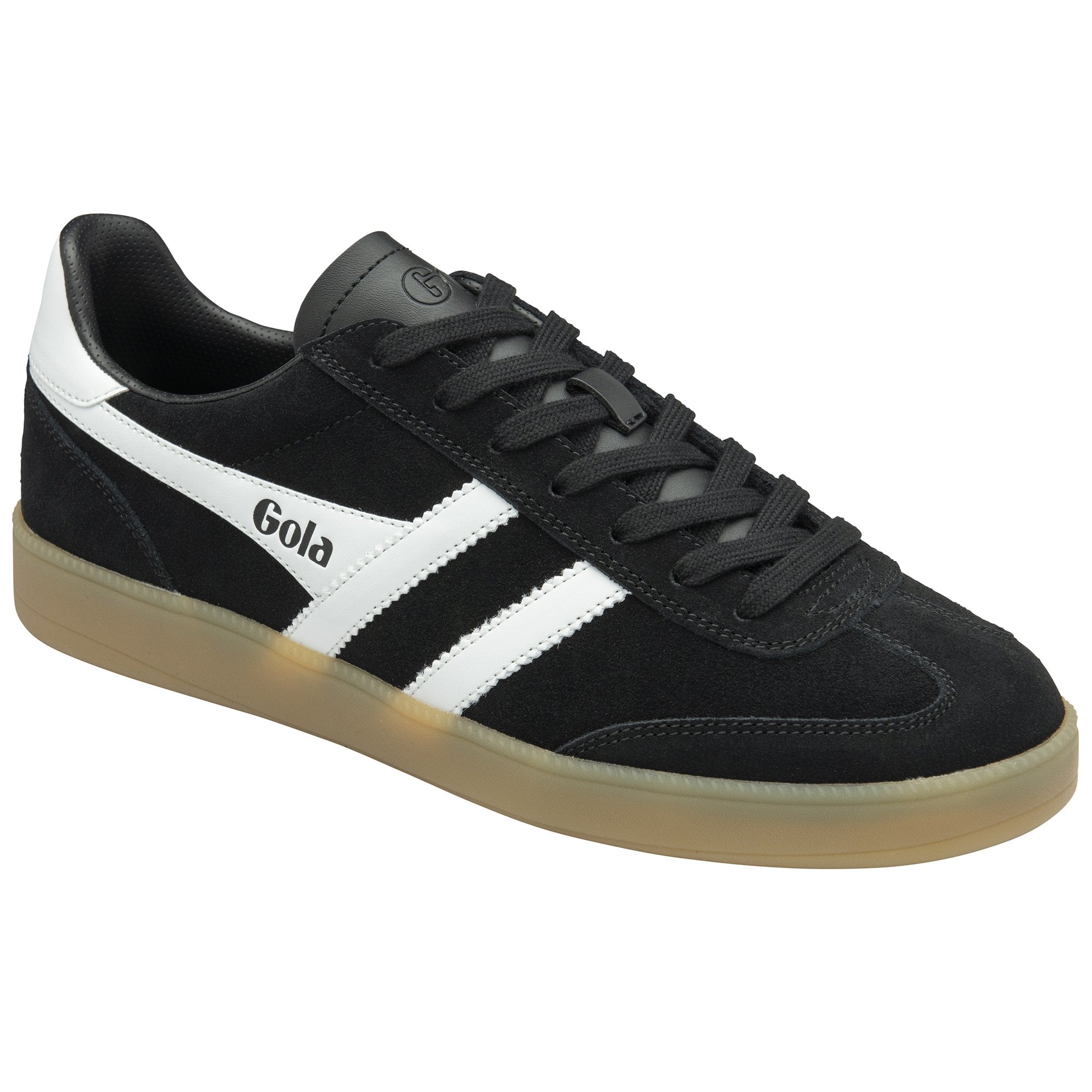 A single black Gola sneaker with white stripes and a tan sole, angled slightly left.
