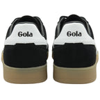 The back view of two black Gola sneakers with white accents and tan soles.