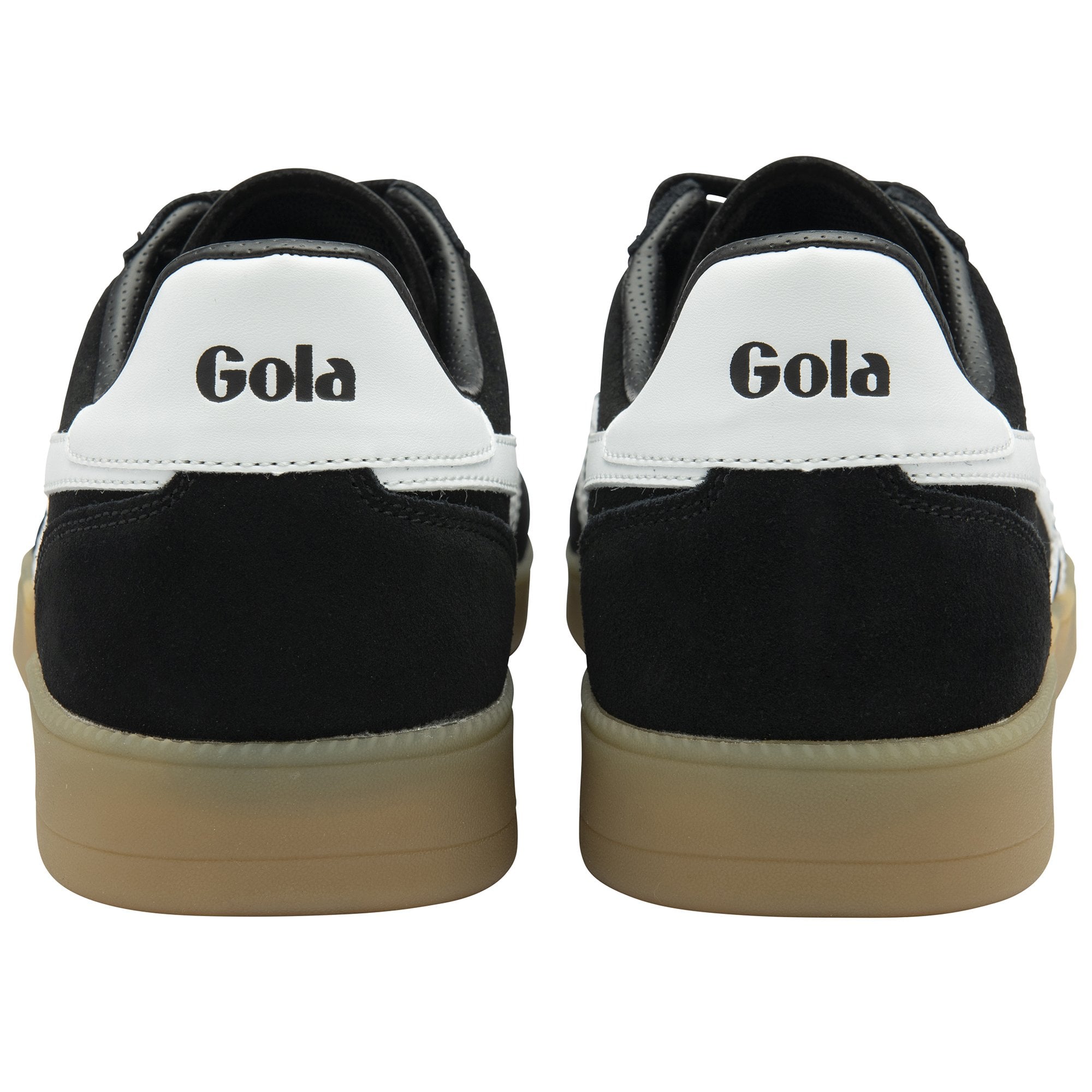 The back view of two black Gola sneakers with white accents and tan soles.