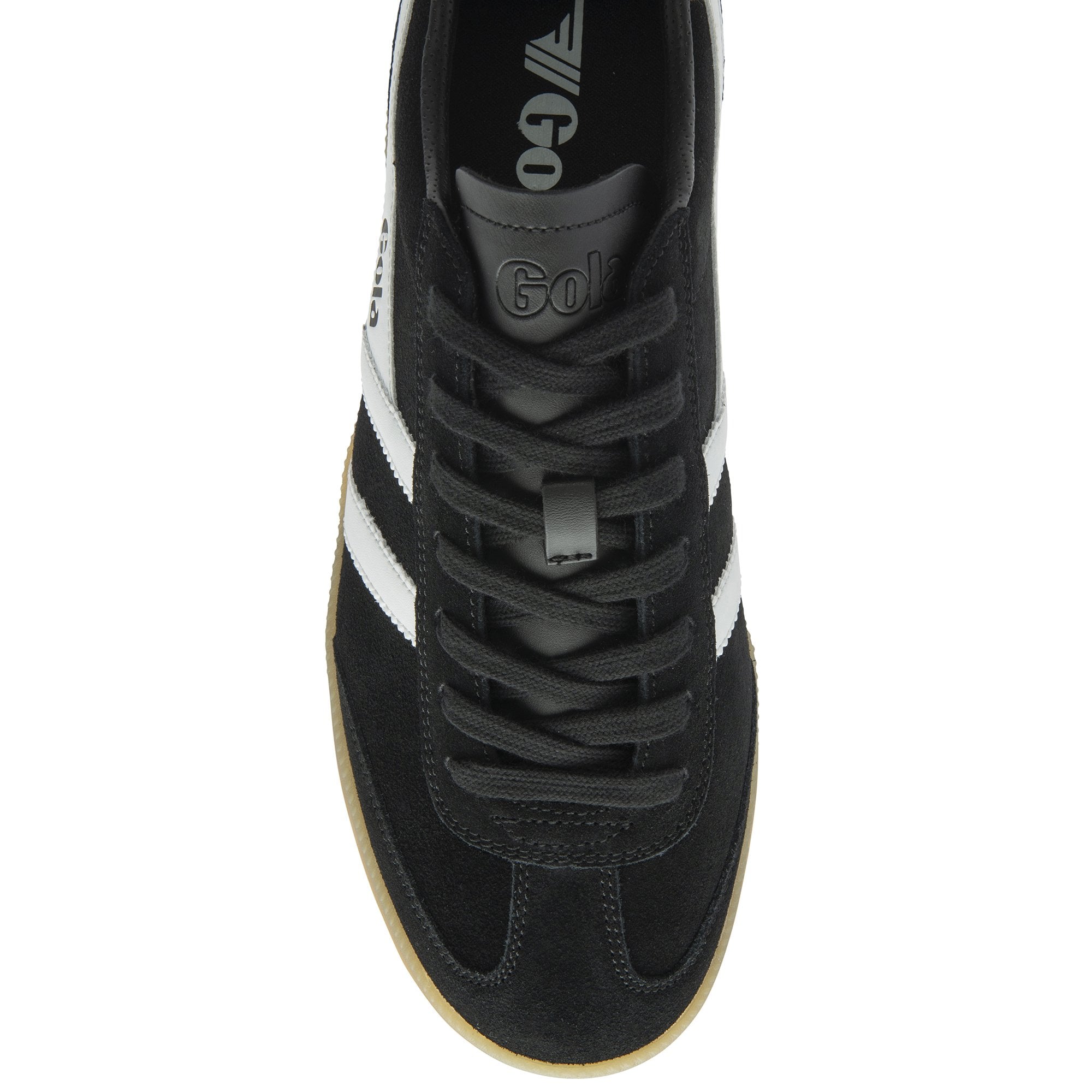 An overhead view of a black Gola sneaker with white stripes and black laces.
