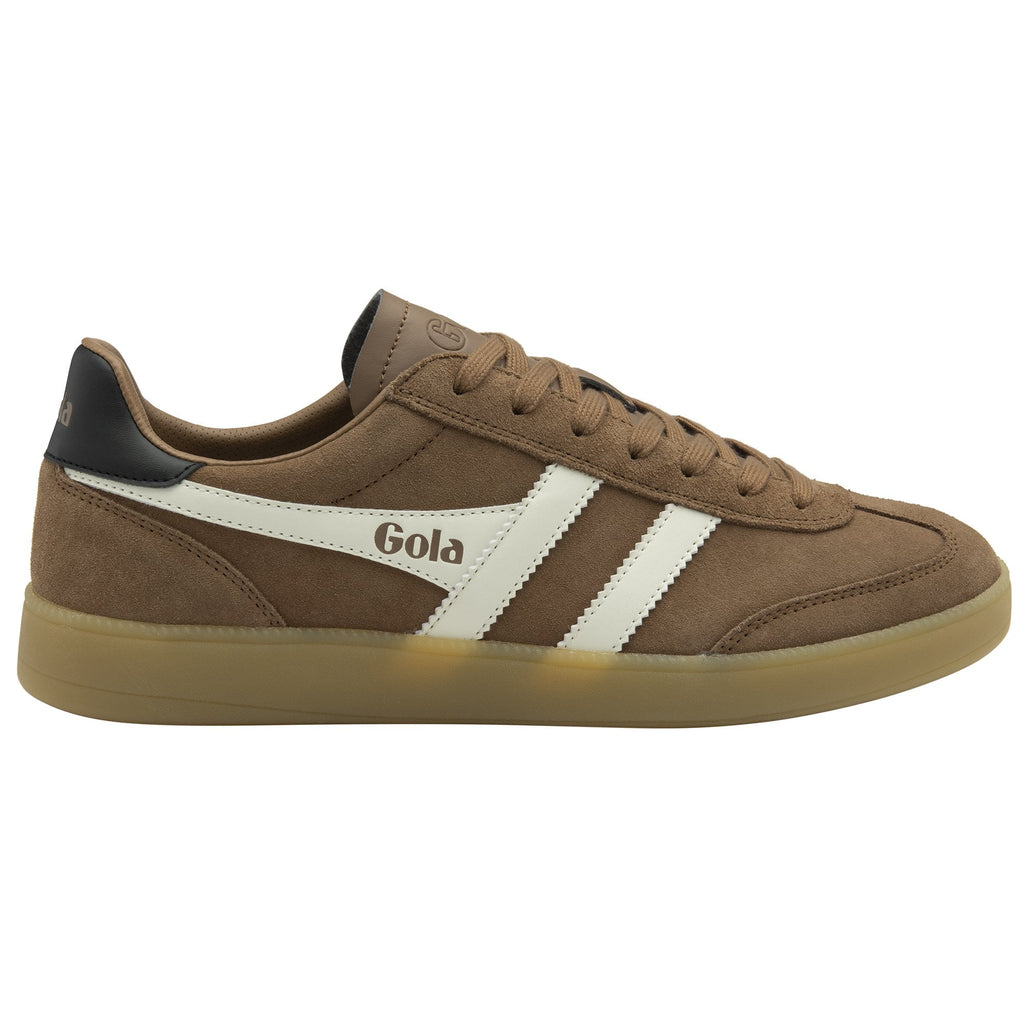Side profile of a Gola men's sneaker in brown with white stripes and laces.