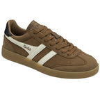 Angled side view of a Gola men's brown sneaker with white stripes and brown laces.