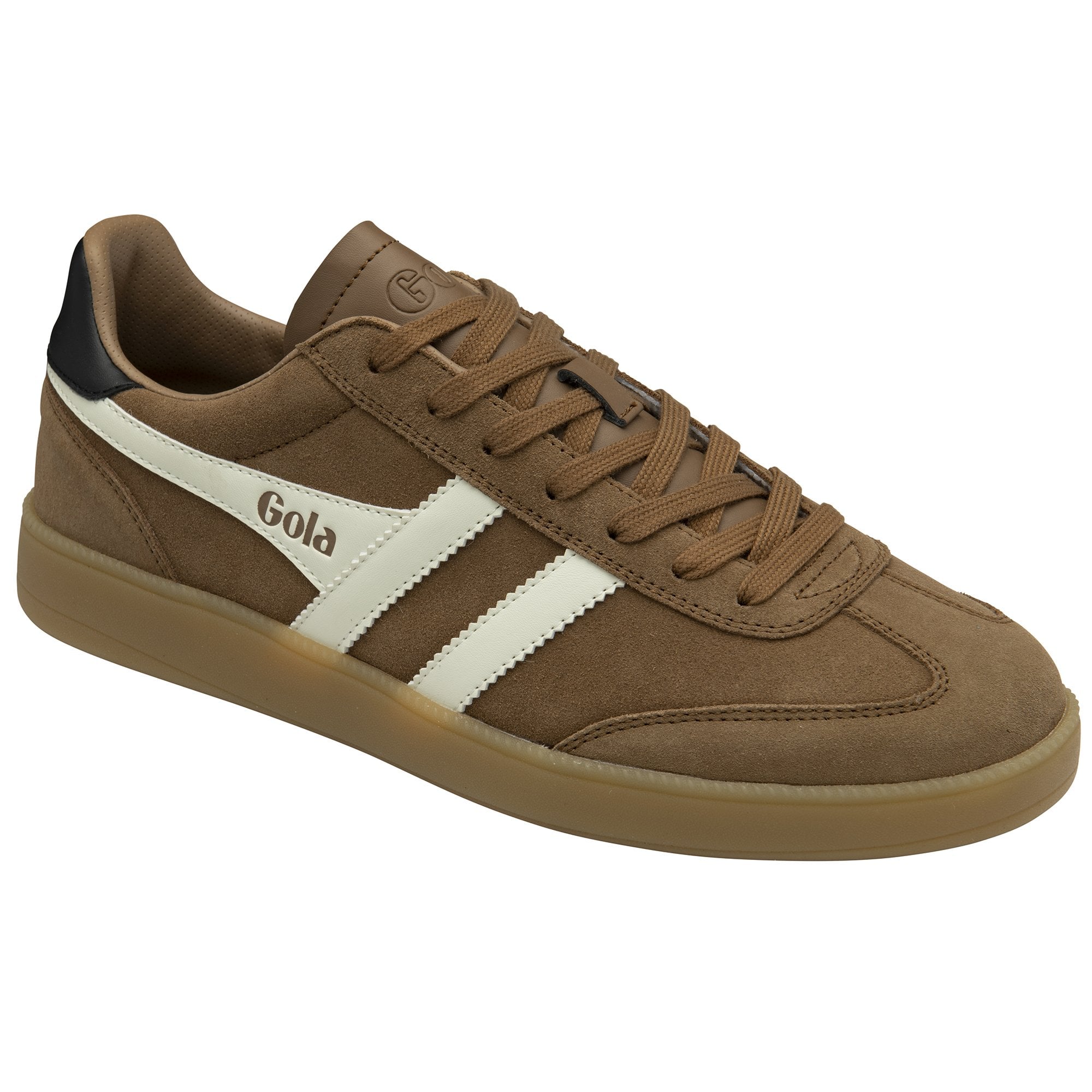 Angled side view of a Gola men's brown sneaker with white stripes and brown laces.