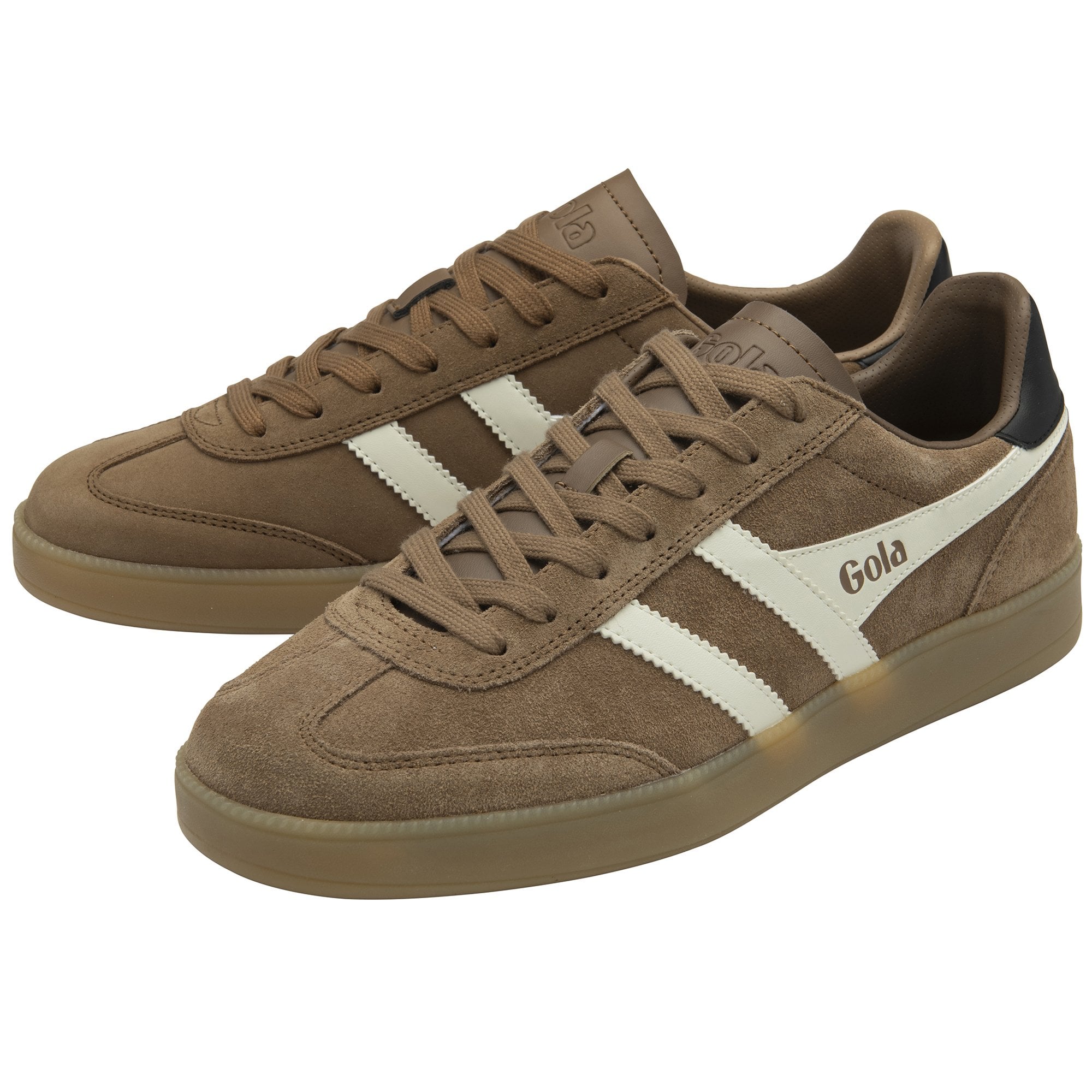 A pair of Gola men's brown sneakers with white stripes, angled slightly from the front.