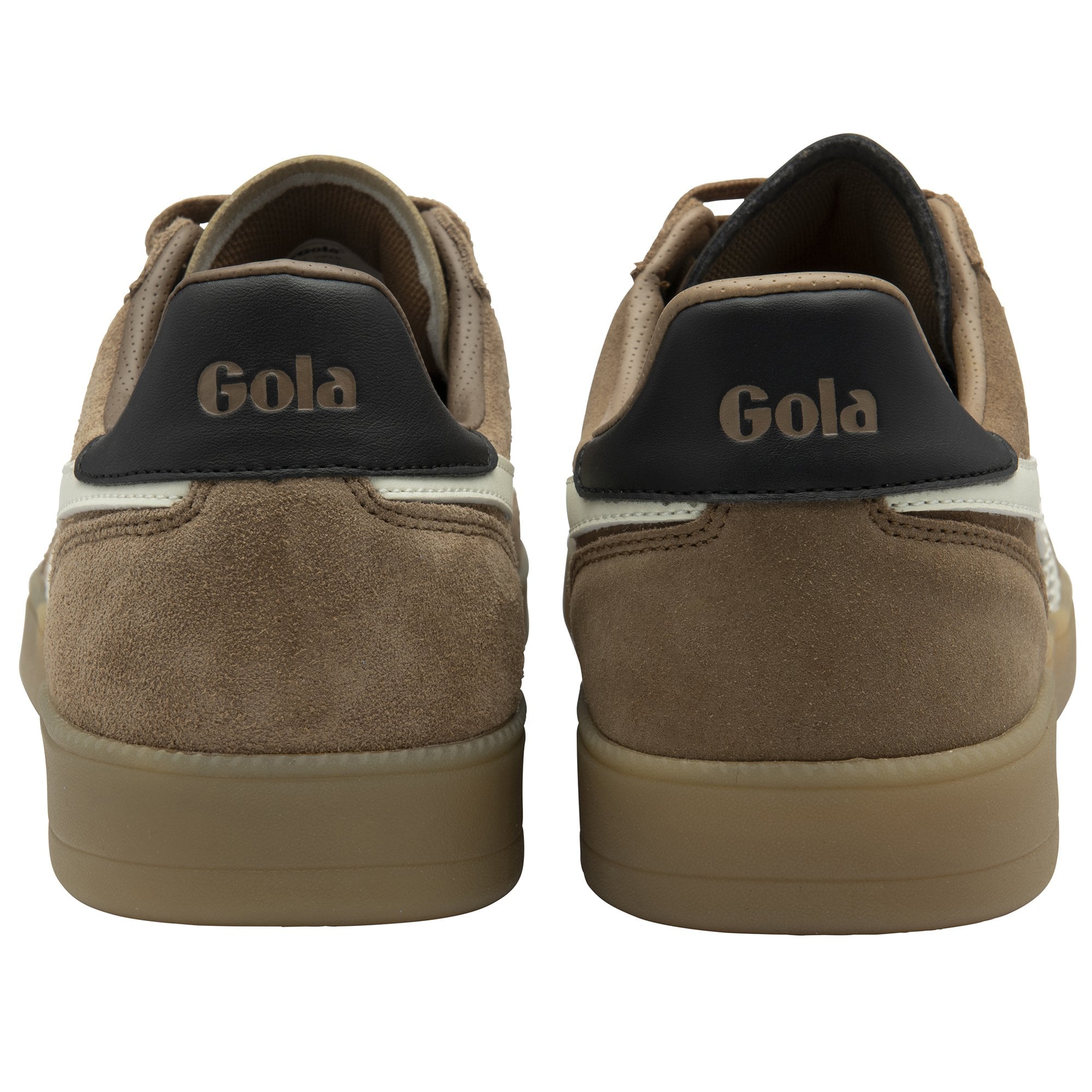 Rear view of a pair of Gola men's brown sneakers showing the black heel tab.