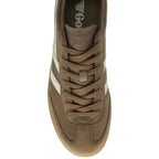 Top-down view of a Gola men's brown sneaker with white stripes and brown laces.
