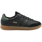 Side profile of a black Gola trainer with a green heel tab and gum sole.