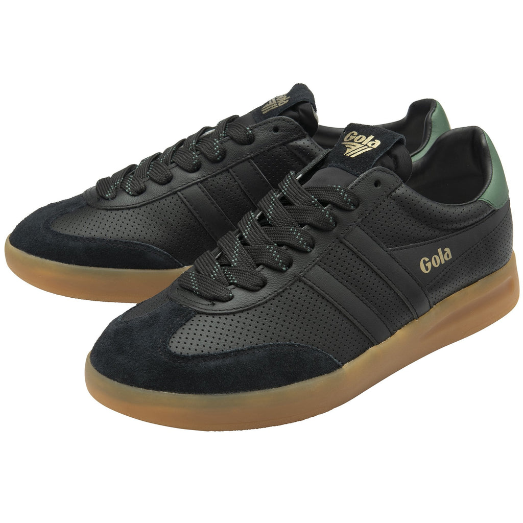 Pair of black Gola trainers with green heel tabs and gum soles.