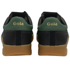 Rear view of two black Gola trainers showing green heel tabs and gum soles.