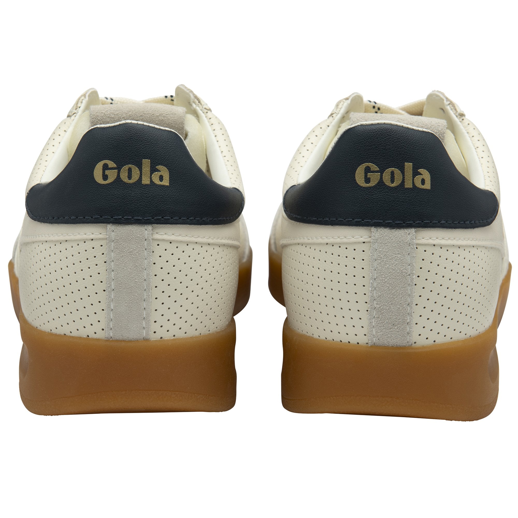 A pair of Gola men's off-white sneakers with gum soles, shown from the rear view.