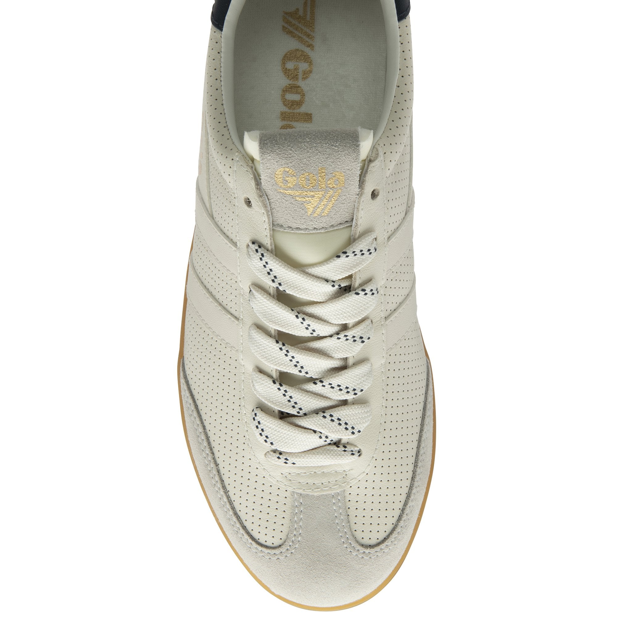 A single Gola men's off-white sneaker with a gum sole, viewed from directly above.
