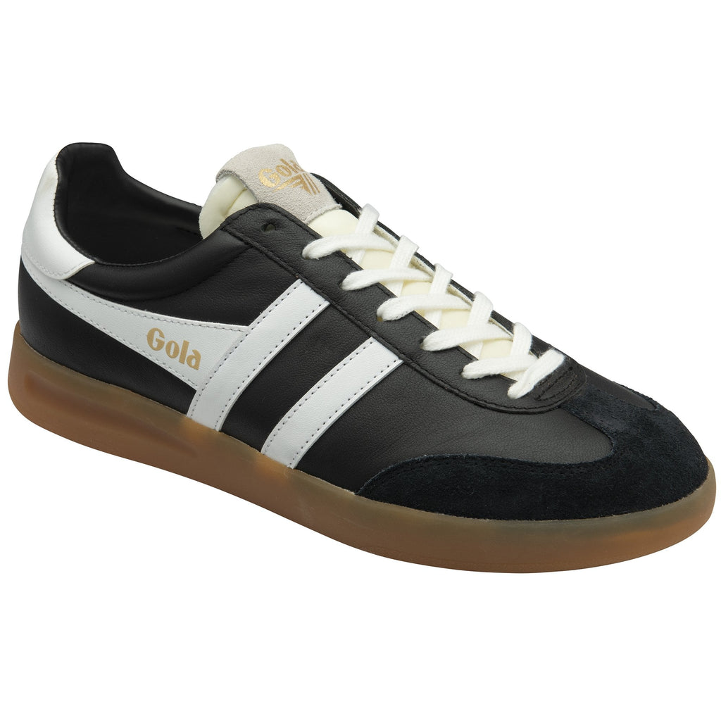 A black Gola Daytona trainer with white stripes and a gum sole.