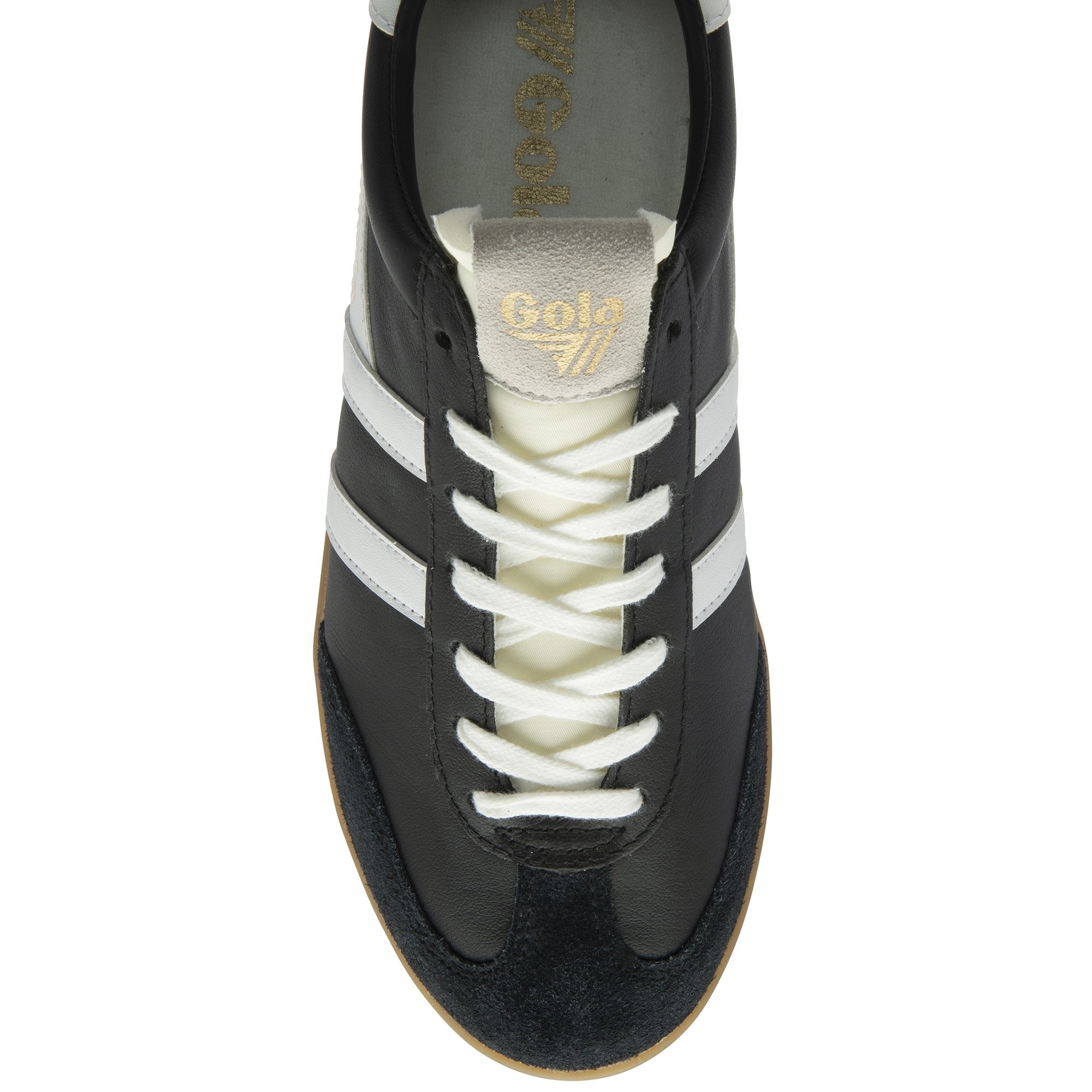 Top-down view of a black Gola Daytona trainer with white stripes and laces.