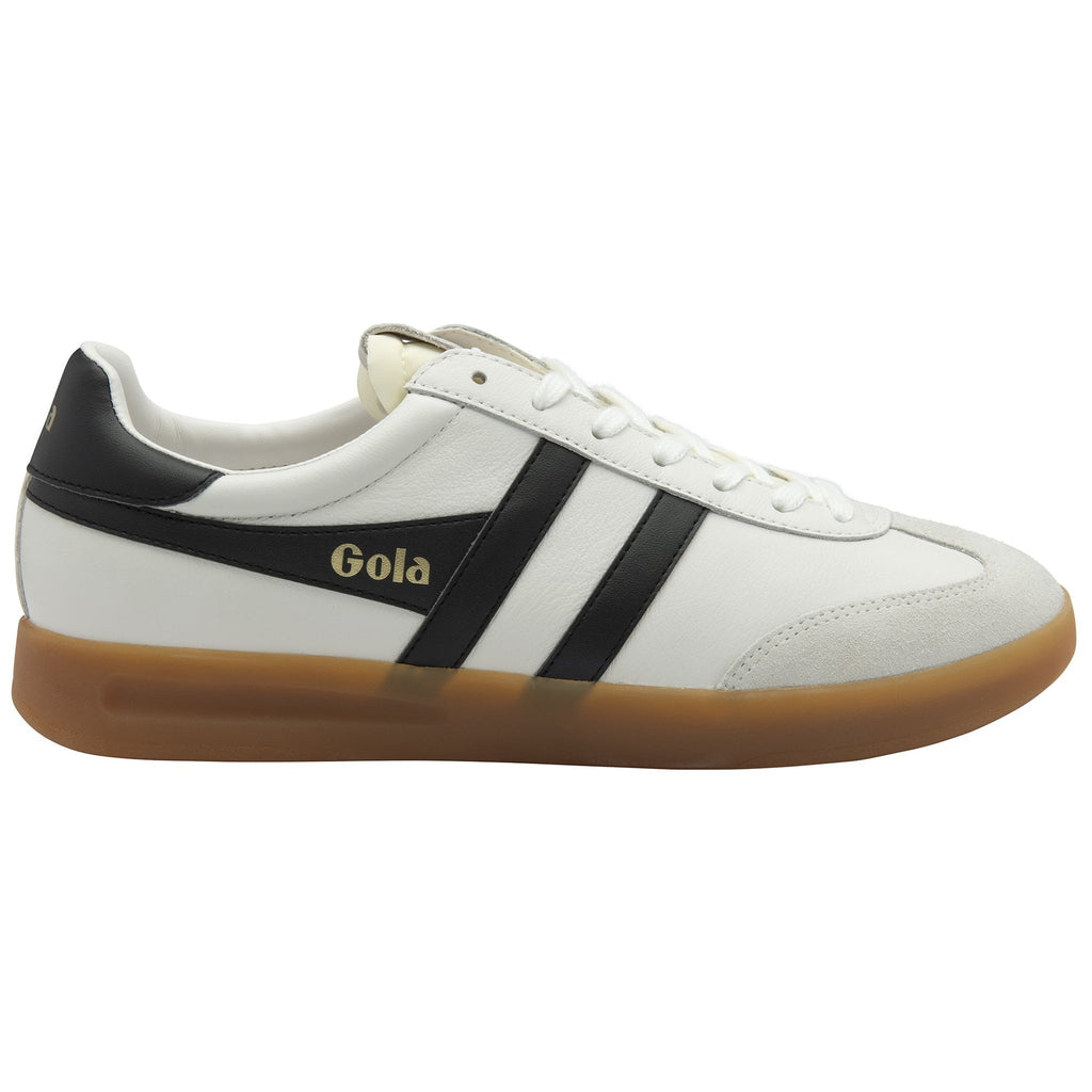 Side view of a white Gola sneaker with black stripes and a gum sole.
