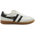 Side view of a white Gola sneaker with black stripes and a gum sole.