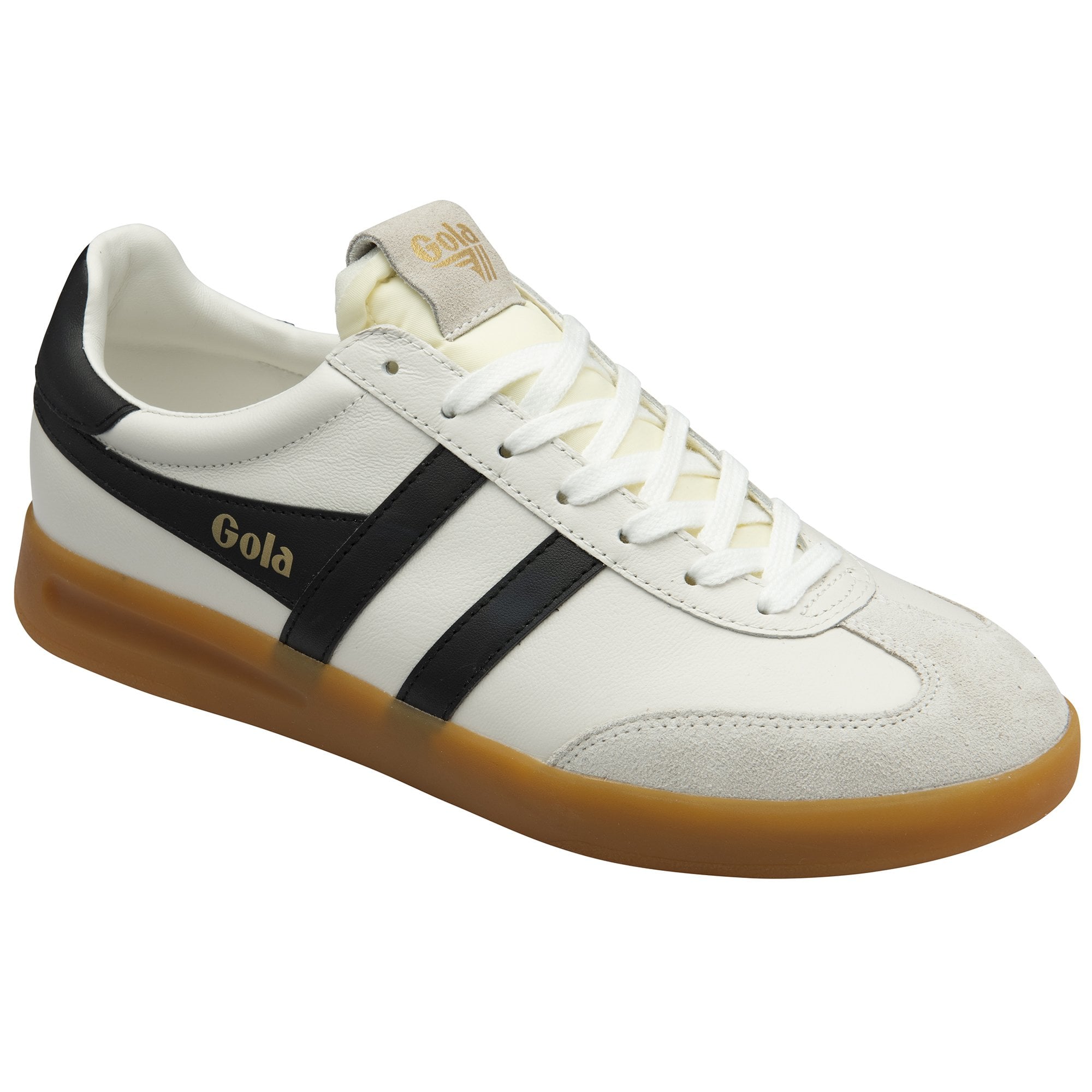 Angled side view of a white Gola sneaker with black stripes and a gum sole.