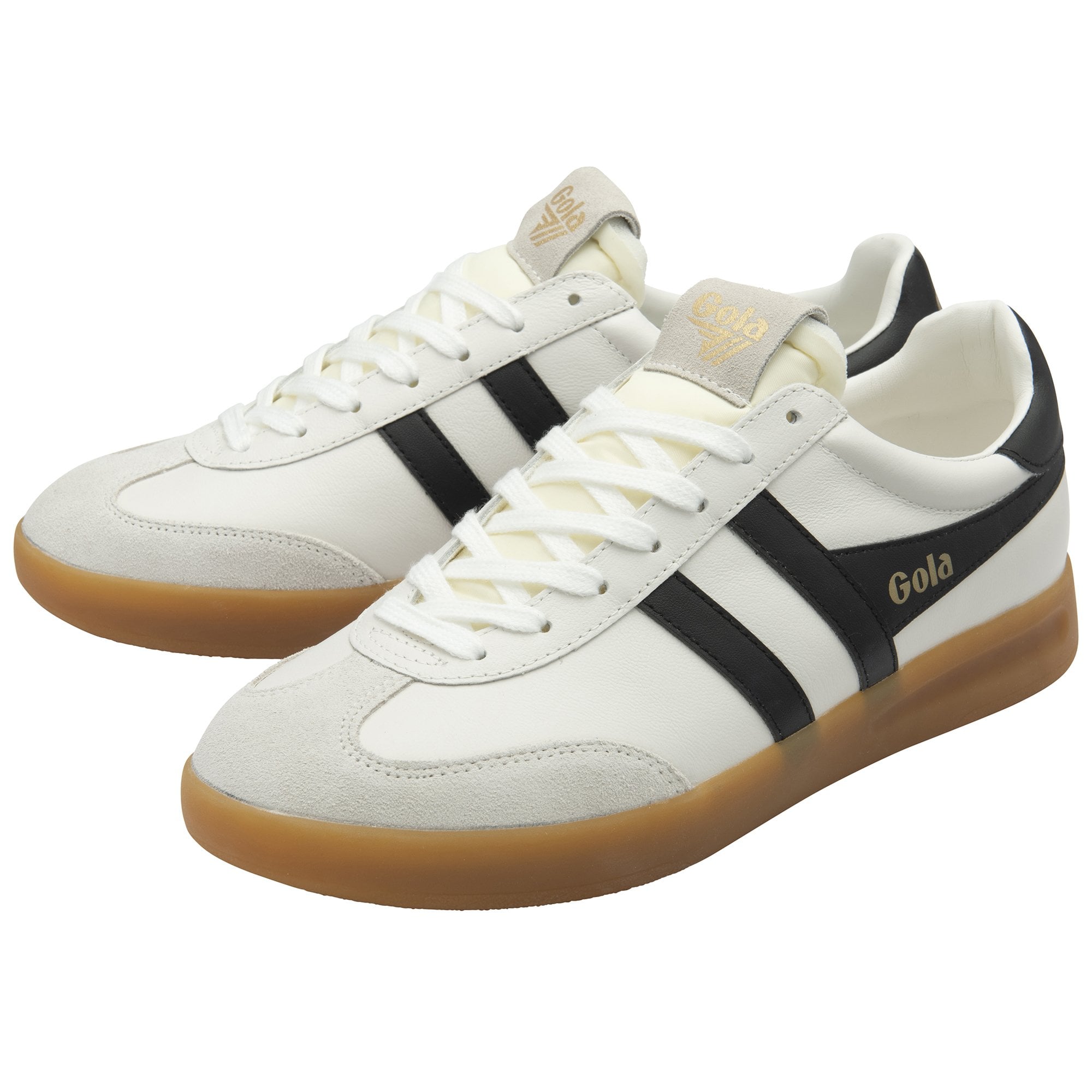 Pair of white Gola sneakers with black stripes and gum soles, angled.