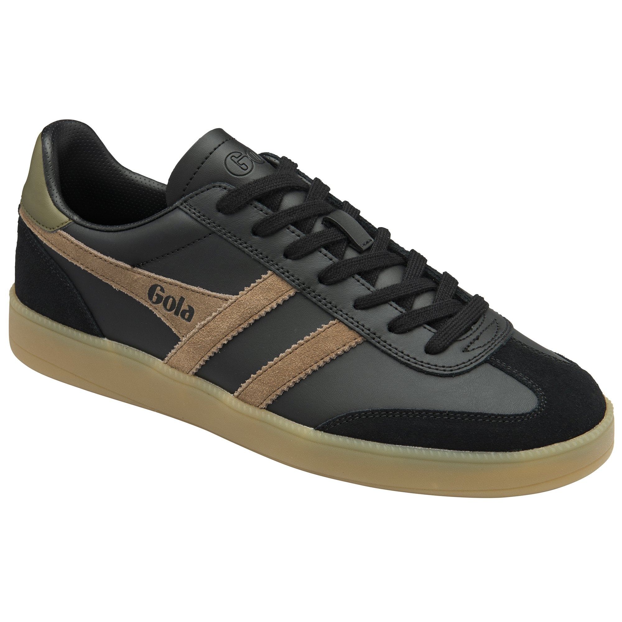 A right black leather Gola shoe with tan stripes and a gum sole, viewed from an angle.