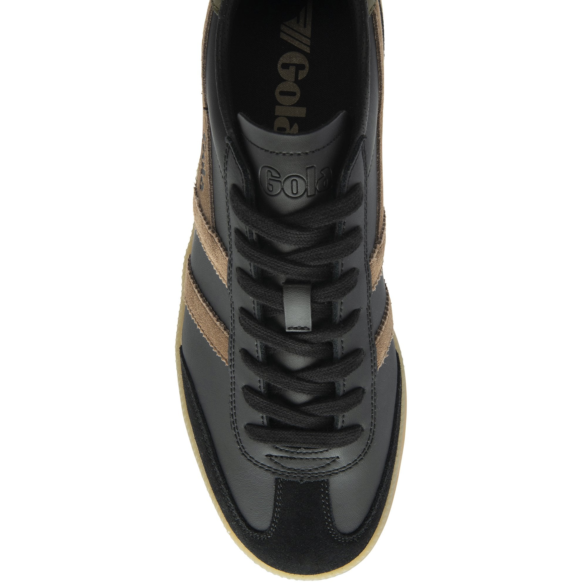 An overhead view of a black leather Gola shoe with tan stripes and black laces.