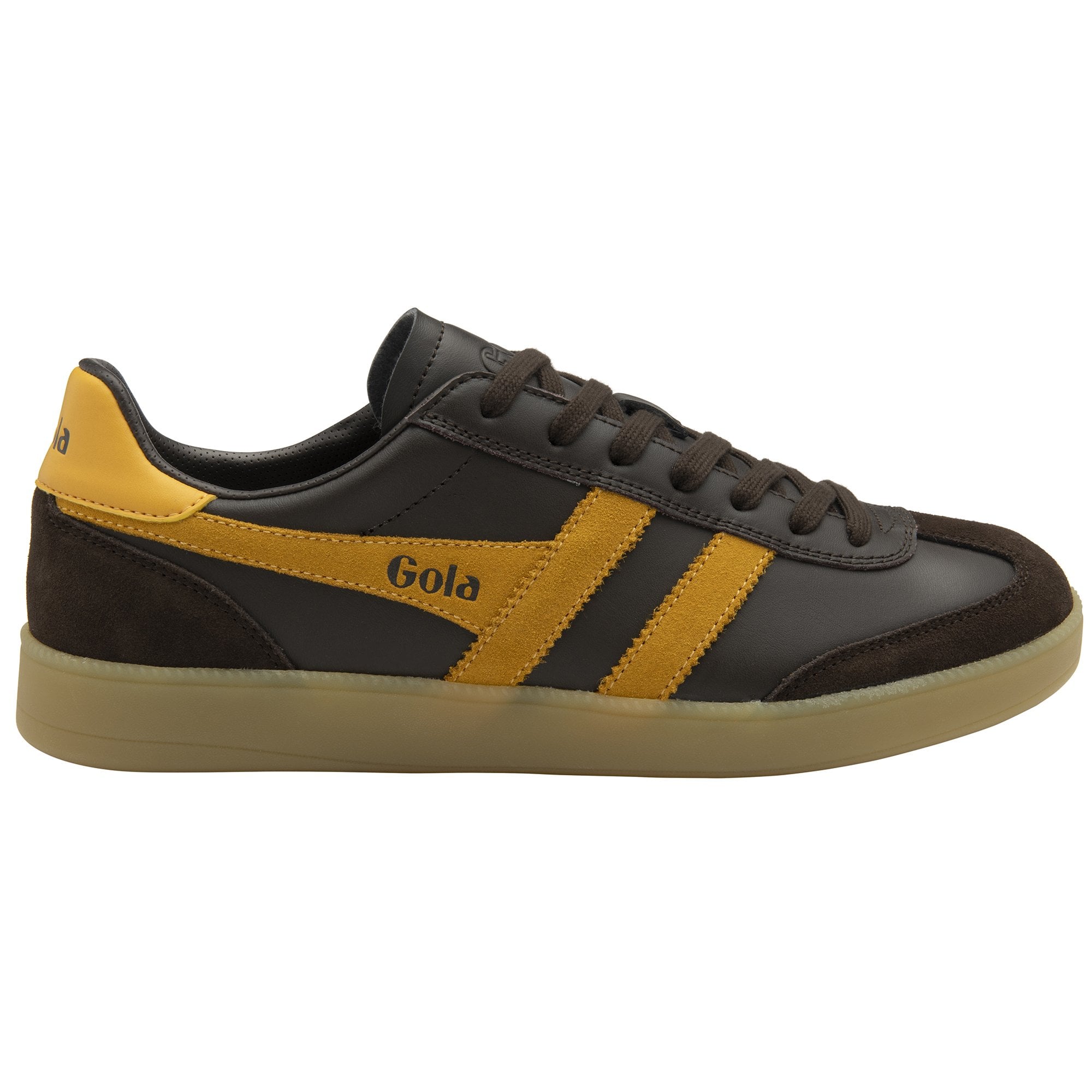 Brown Gola men's sneaker with yellow side stripes on a white background.