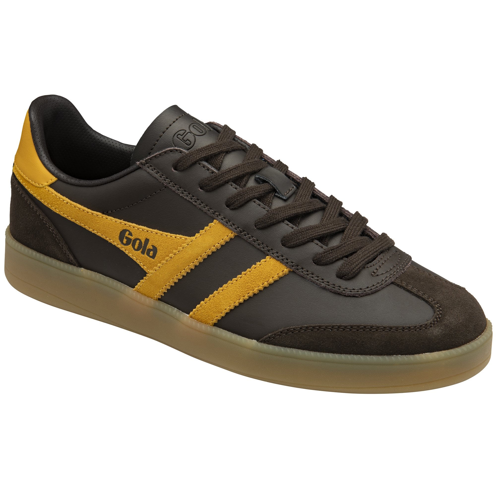 Brown Gola men's sneaker with yellow side stripes angled slightly right.